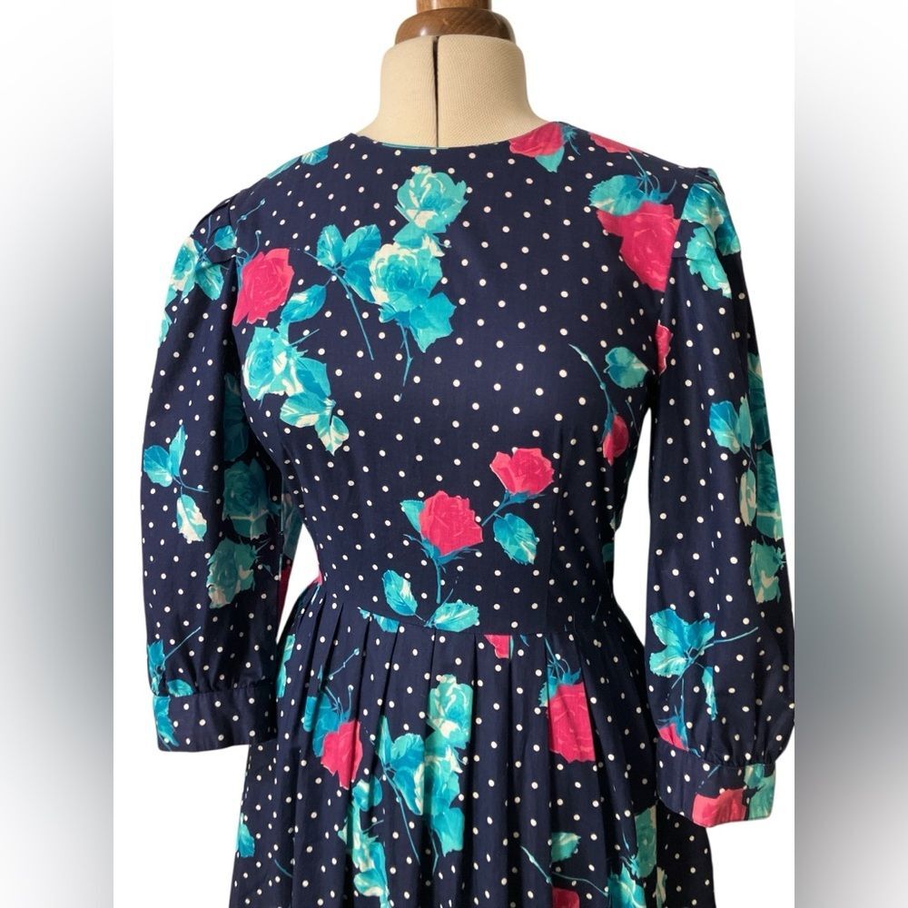Vintage Lanz Dress Size 12 80s Floral Polka Dot Retro Mixed Print Romantic - Picture 2 of 5